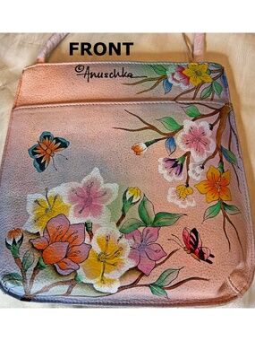 MINI CROSSBODY, PINK/DAPPLED GREY WITH HAND PAINTED BUTTERFLIES & FLOWERS, 9 In.